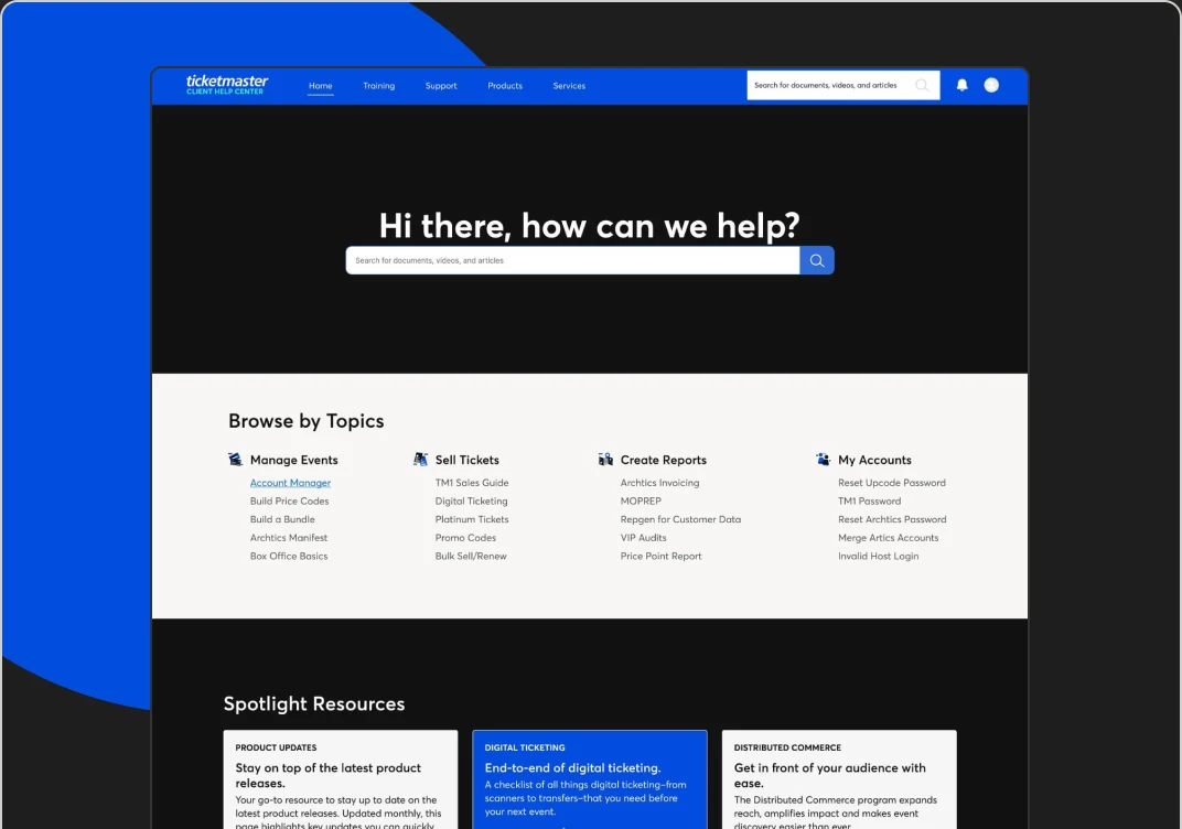 The redesigned Ticketmaster Client Help Center home page