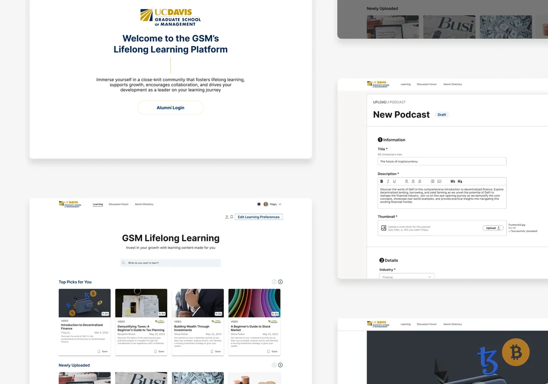 GSM Lifelong Learning platform screens: landing page, learning library and content upload